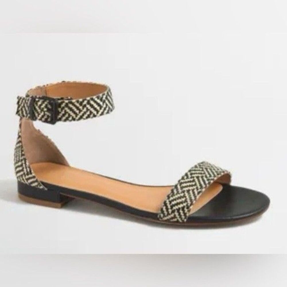 J Crew Maya Rafia Sandals Womens Size 8 Ankle Strap Black Natural Basket Weave